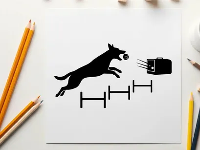 Dog silhouette jumping over hurdles to catch a ball silhouette