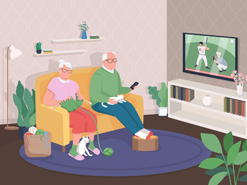 Old couple at home flat color vector illustration preview picture