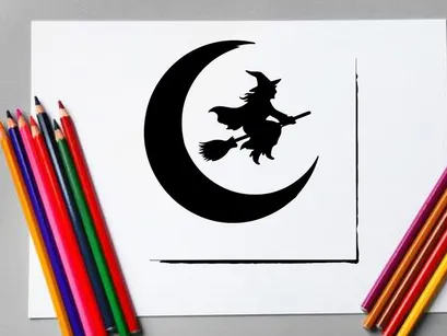 Schattenriss einer Hexe, die auf einem Besen über einen Sichelmond fliegt