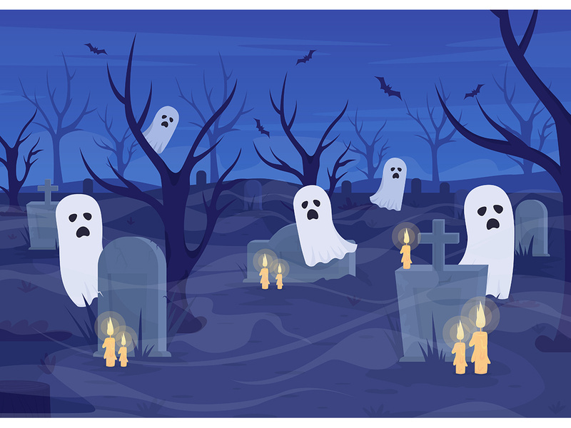 Howling ghosts in cemetery flat color vector illustration