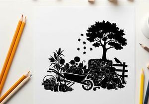 Silhouette of a tree and wheelbarrow in a garden