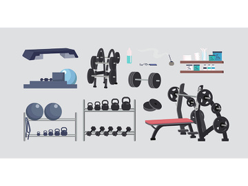 Gym equipment flat color vector objects set preview picture