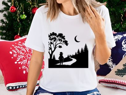 Silhouette traveler with top hat under crescent moon in forest night