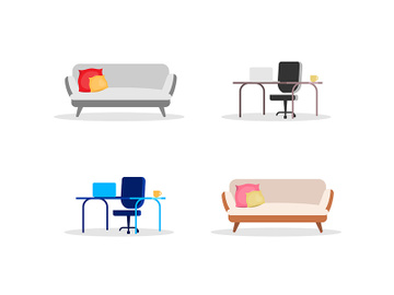 Sofa and computer table flat color vector objects set preview picture