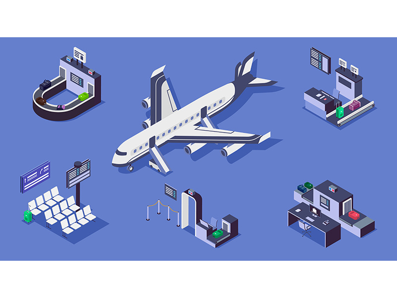 Airport isometric color vector illustrations set