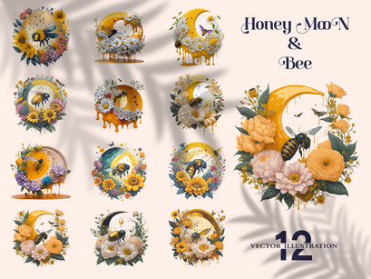 Watercolor Floral Honey Moon With Flying Bee And Sunflower, Vector Illustration Isolated In White Background.