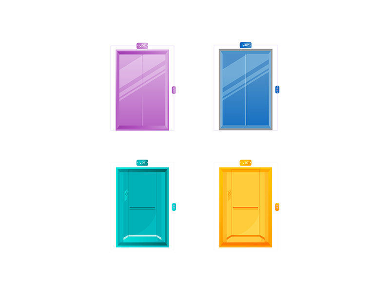 Colorful lift doors flat color vector object set
