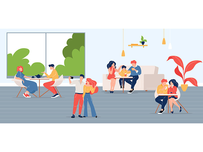 People in city cafe flat color vector illustration