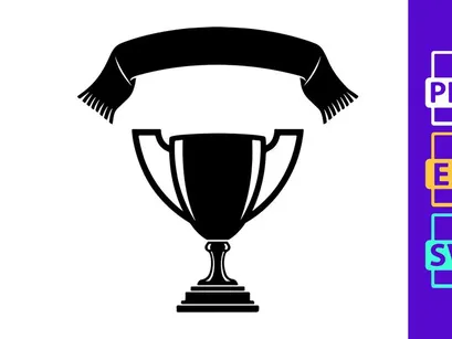 A black trophy cup icon with a decorative banner on top