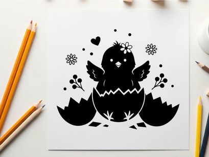 Silhouette of a hatching chick with floral decorations