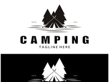 vintage and retro tent logo, camping. With tent, tree and bonfire sign. adventurers, scouts, climbers, camping equipment center
