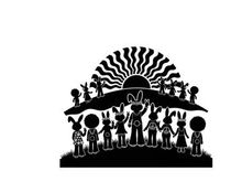 Silhouette of rabbits and children at sunset with wavy rays silhouette