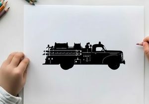 Silhouette of a vintage fire truck with equipment and crew