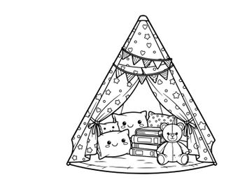 Teddy bear in cozy tent with books vector illustration preview picture