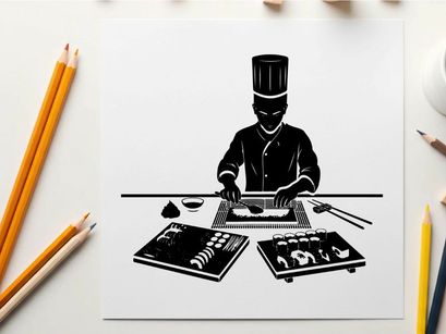 Silhouette of chef preparing sushi on a cutting board