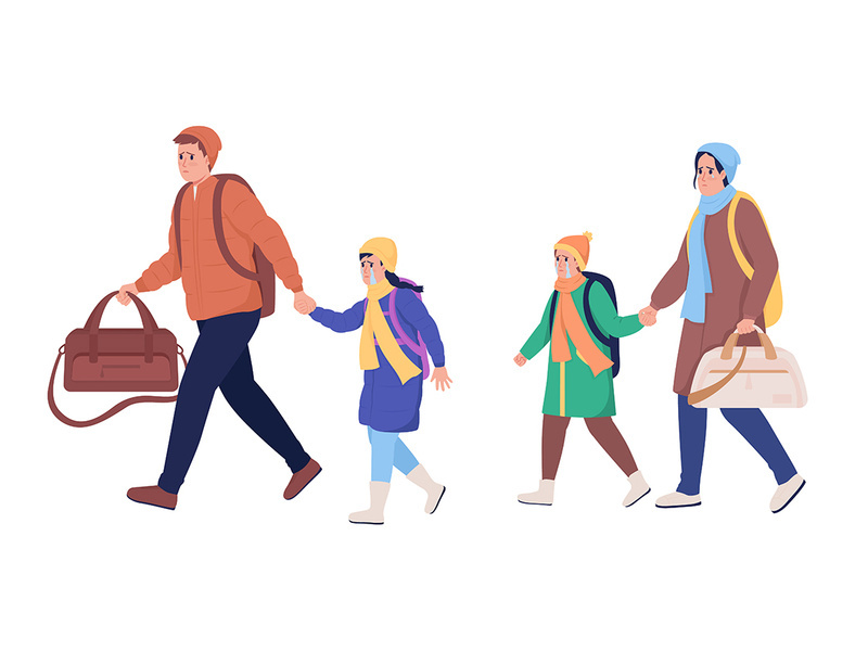 Family running away from war semi flat color vector characters