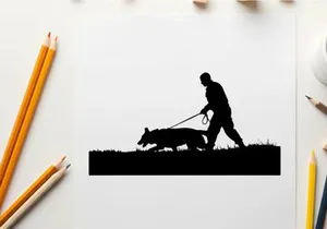 Man walking dog in silhouette against white background