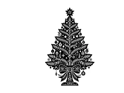 Black and white Christmas tree illustration with decorative ornaments and star topper.