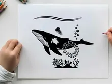 Humpback whale with sea turtle, jellyfish vector illustration