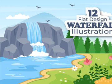 12 Waterfall Landscape Flat Design Illustration preview picture