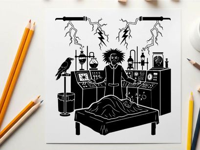 Silhouette of a mad scientist in a laboratory setting