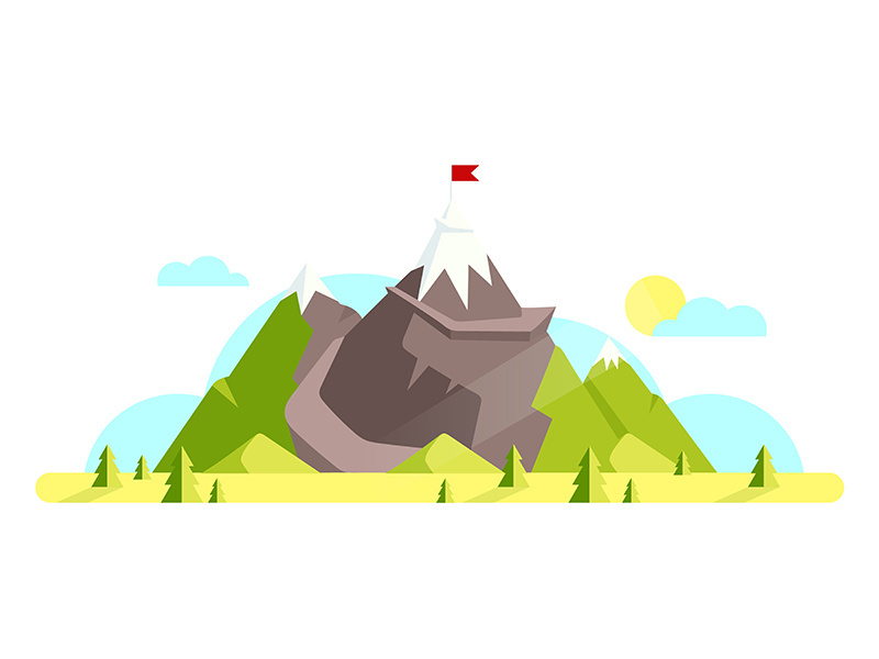Mountain with red flag on top cartoon vector illustration