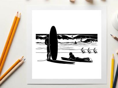 Silhouette of surfer and people at the beach with surfboard