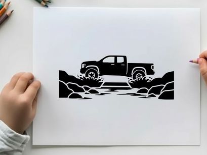 Silhouette of a pickup truck crossing a stream on a rugged terrain silhouette