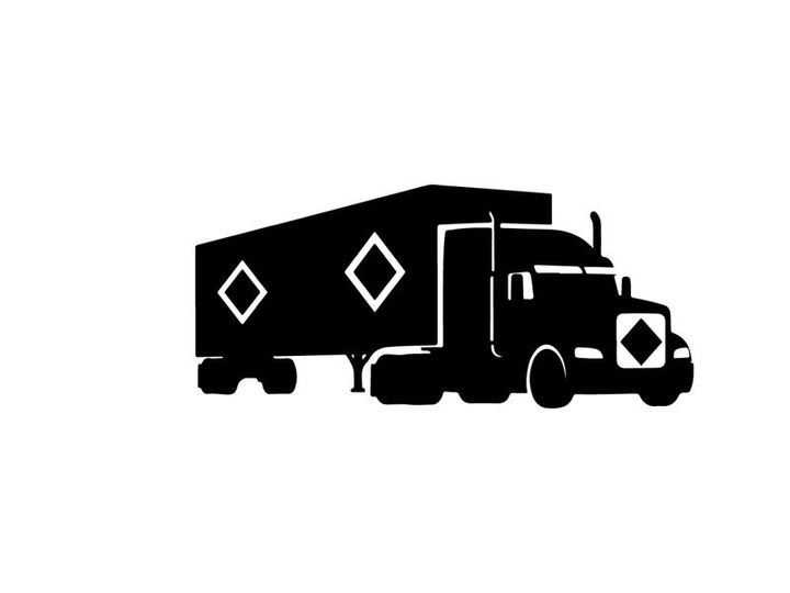 Black silhouette of a large truck with trailer and diamond shapes
