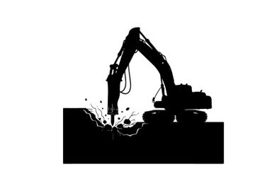 Silhouette of excavator digging into the ground with debris flying out preview picture