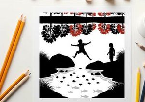 Silhouette of a child jumping over a stream with another child watching