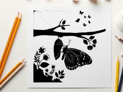 Butterfly silhouette hanging from tree branch with leaves and flowers