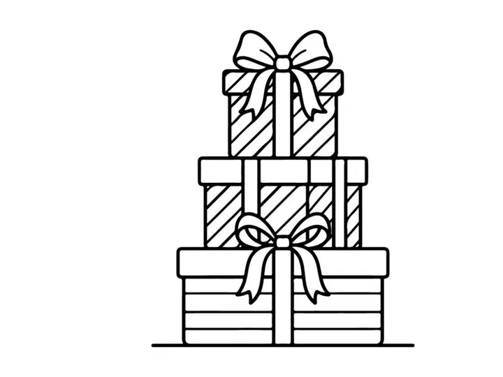 Stack of Christmas gift boxes with ribbons, black and white line art illustration.