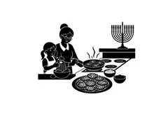 Silhouette of a woman and child preparing traditional jewish food for hanukkah celebration