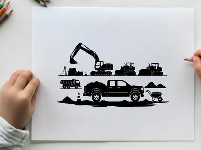 Construction site silhouette with heavy machinery and vehicles