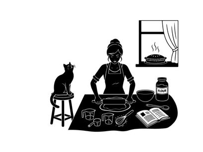 Woman baking with cat silhouette by her side at home