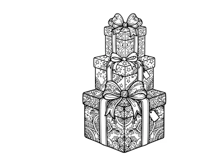 Christmas gift box stack with decorative bows, hand drawn line art illustration.