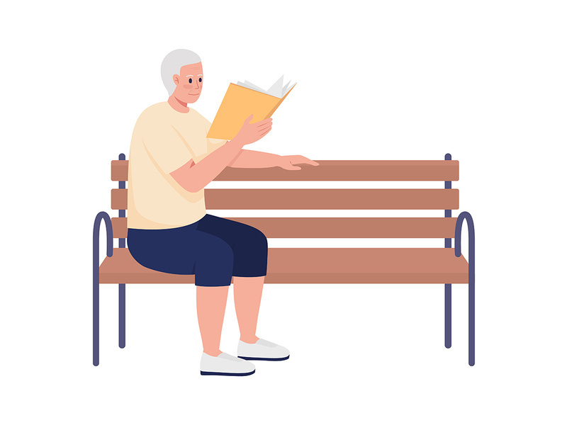 Male pensioner reading book and sitting on bench semi flat color vector character