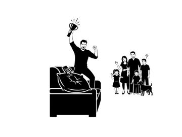 Silhouette of man jumping on couch with megaphone near family silhouette preview picture