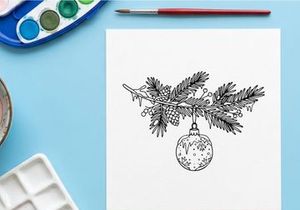Christmas bauble hanging on a pine branch sketch, festive holiday line art illustration.