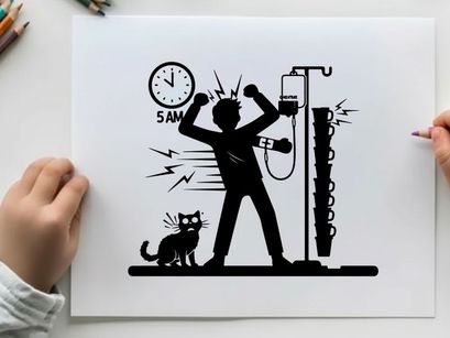 Silhouette of a person flexing with a cat and iv pole
