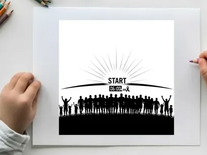 Silhouette of people at starting line with sunrise and text