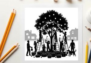 Silhouette of people decorating a tree with lights in a residential area silhouette
