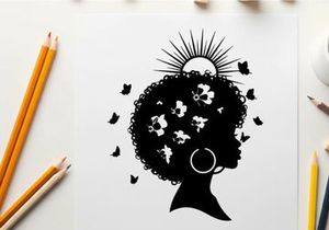 Silhouette of a woman with flowers and sun