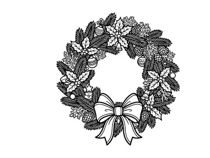 Christmas wreath line art illustration with holly berries and a decorative ribbon bow.