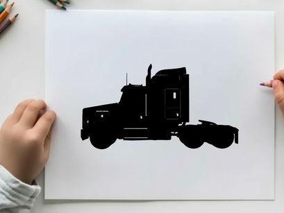 Silhouette of a semi truck against a white background