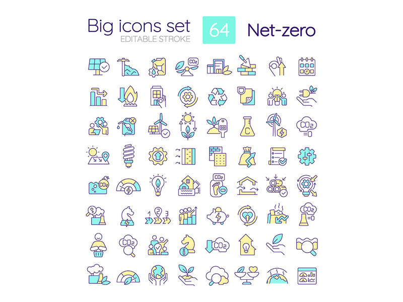 Net zero strategies RGB color icons set