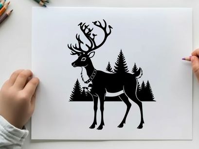 Reindeer silhouette with bells and christmas trees background