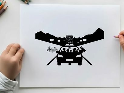 Silhouette of a family on a road trip with mountains in the background silhouette