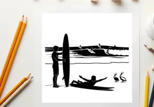 Silhouette of surfers and pelicans by the ocean waves at sunset